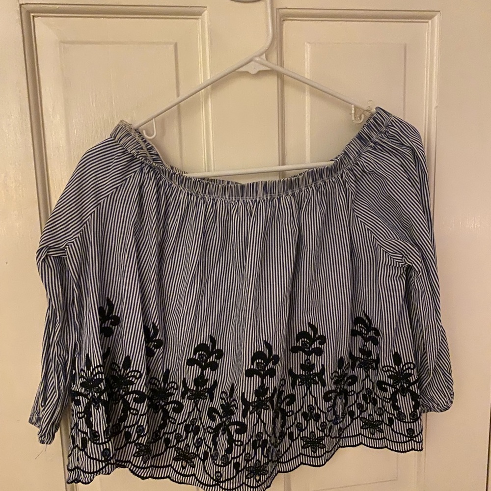 Embroidered blue and white cotton off the shoulder top